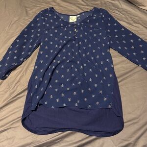 Navy Blue Long Sleeve Blouse with Pattern